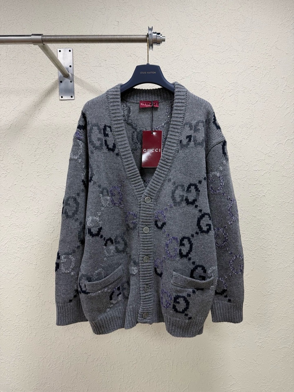 Gucci Grey Multi‑Tone Faded GG Monogram Oversized V‑Neck Knit Cardigan